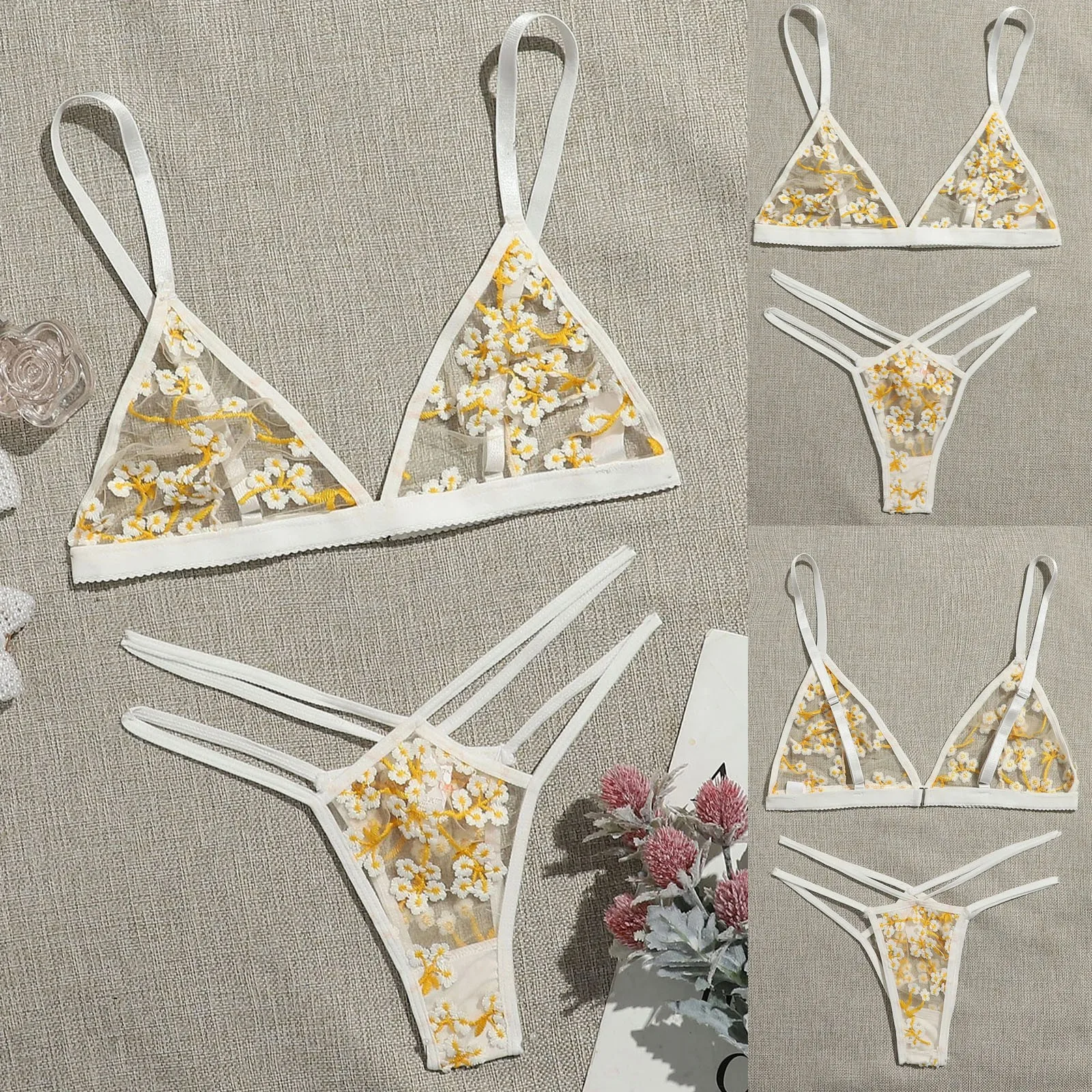 

Sexy Lingerie Women Fashion Flower Embroidery Lenceria Erotica G-string Thong Lace Sexy Underwear Sleepwear Lingerie Set Female