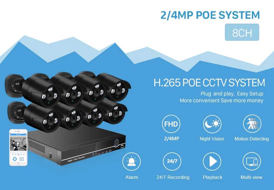 Besder H.265 CCTV 8CH PoE Система безопасности 8CH POE NVR комплект с ip-камерой 4MP водонепроницаемая IP66 система видеонаблюдения XMEye