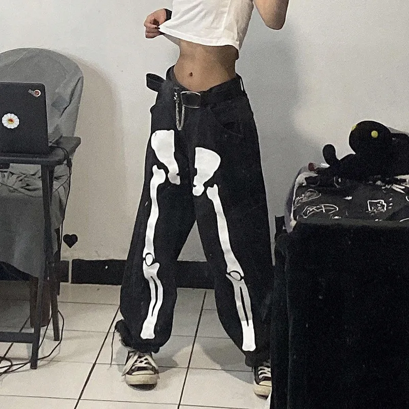 

Dark Gothic Skull Printed Jeans Women Y2k Streetwear Fairy Grunge Punk Loose Straight Denim Pants Hip Hop Alternative Trousers