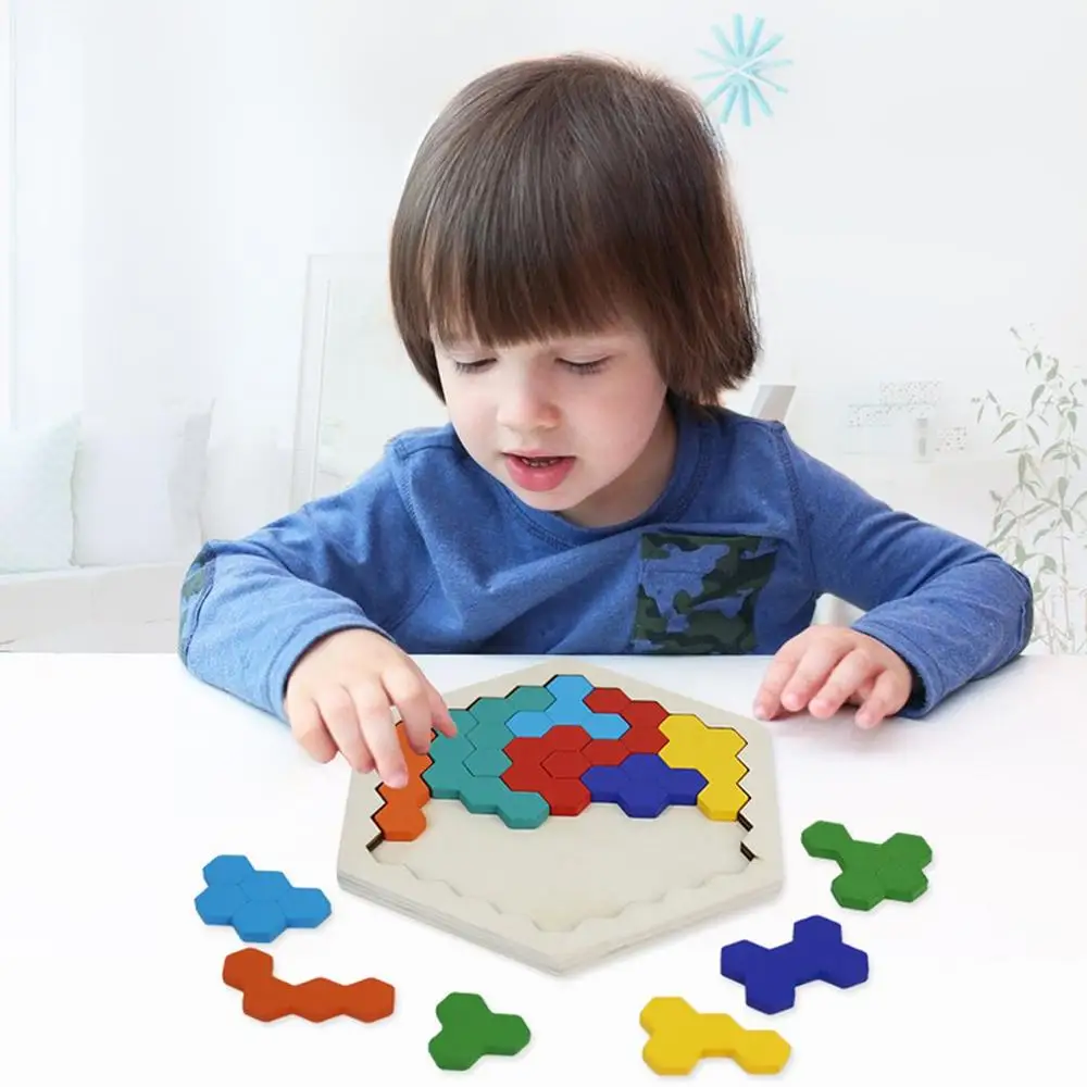 

Colorful 3D Puzzle Wooden Tangram Math Toys Game Honeycomb Shape Pre-school Magination Intellectual Educational Toy for Kids