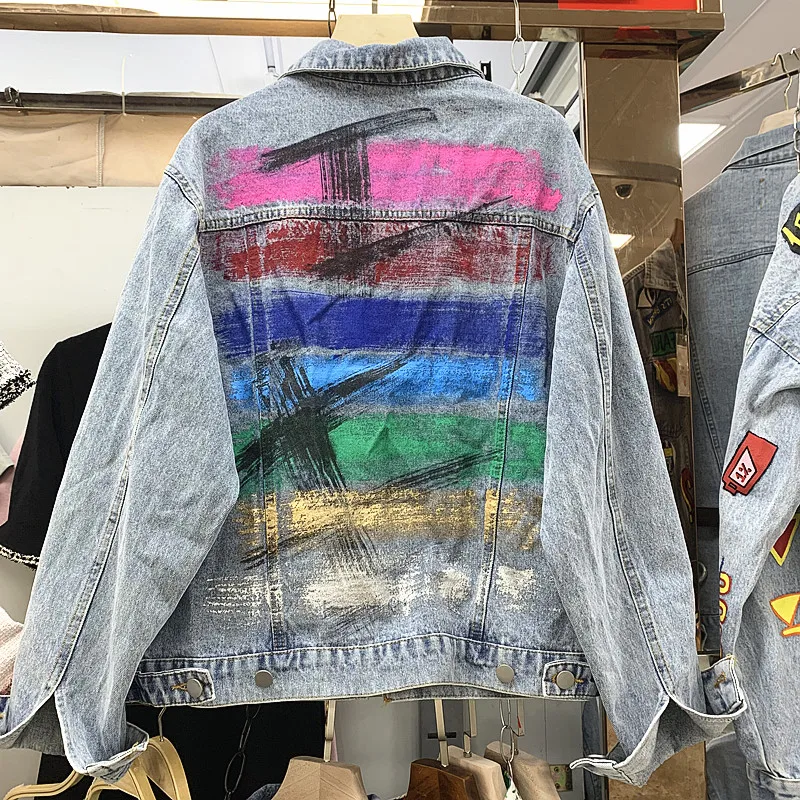 

2019 autumn new fashion heavy industry rainbow paint hand-painted graffiti loose denim jacket female