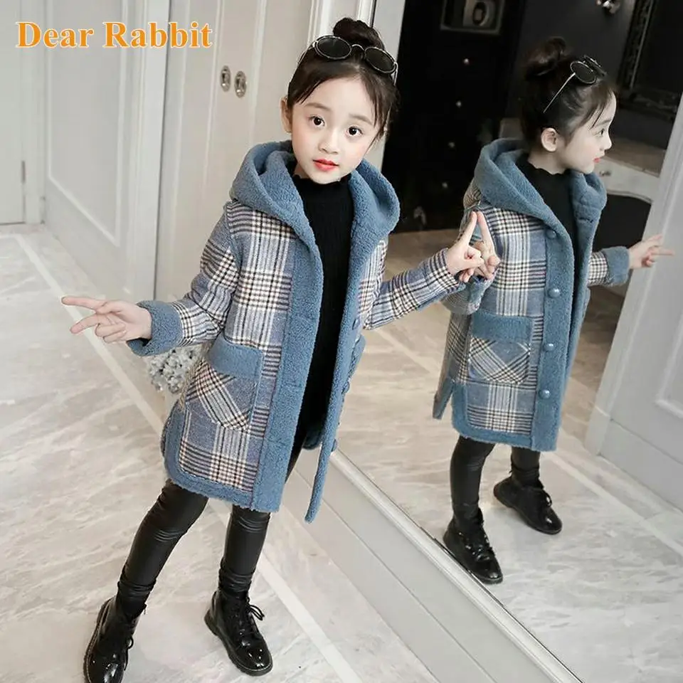 

New Girls Woolen Coat Children's Clothing 2022 Autumn Plush Hat Medium Long Wool Coat Baby Girls Cloths