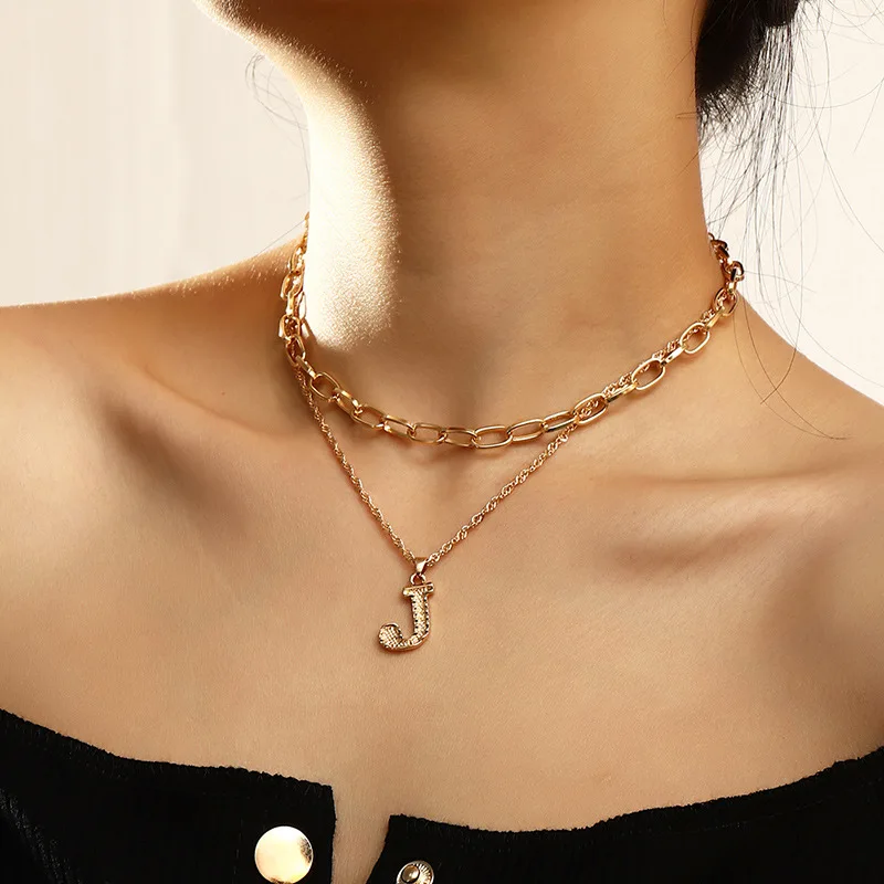 

Letter Pendant Double Chains Necklaces for Women Gold Color 2021 Fashion Jewelry Clavicle Chain Layered Necklace Female New