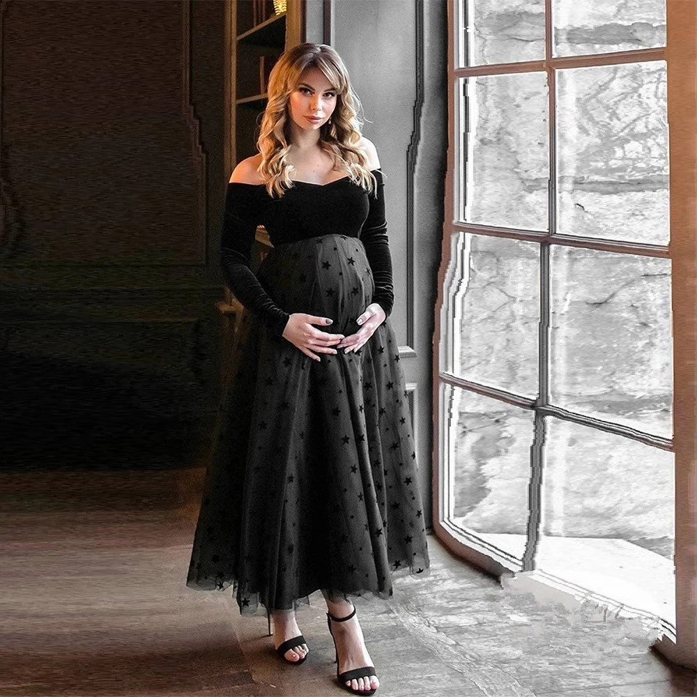 

Black Sexy Maternity Evening Dresses For Baby Showers Party Tulle Pregnant Women Pregnancy Photoshoot Maxi Gown Photography Prop