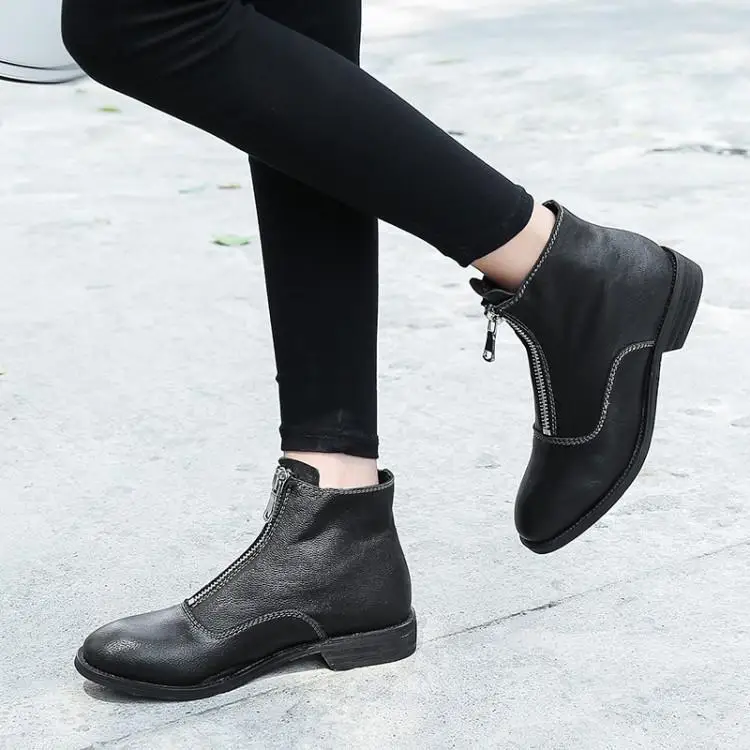 Martin boots before female leather zipper and thick with autumn winter round head locomotive sheepskin |
