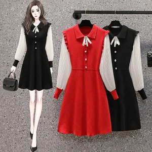 EHQAXIN Plus Size Women's Knitted Dresses Autumn Fashion Bowknot Button A-Shaped Elegant Long Sleeve Splicing Dress Ladies M-4XL