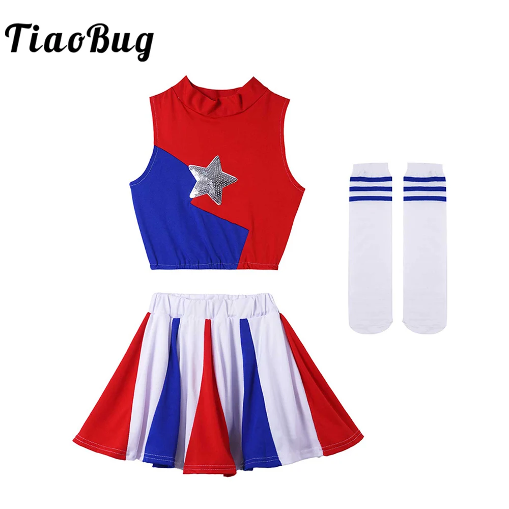 

Kids Girls Cheerleading Uniform Suit Fancy Dress Outfit Tops with Skirt Socks Set Encourage Cheerleader Carnival Sports Costume