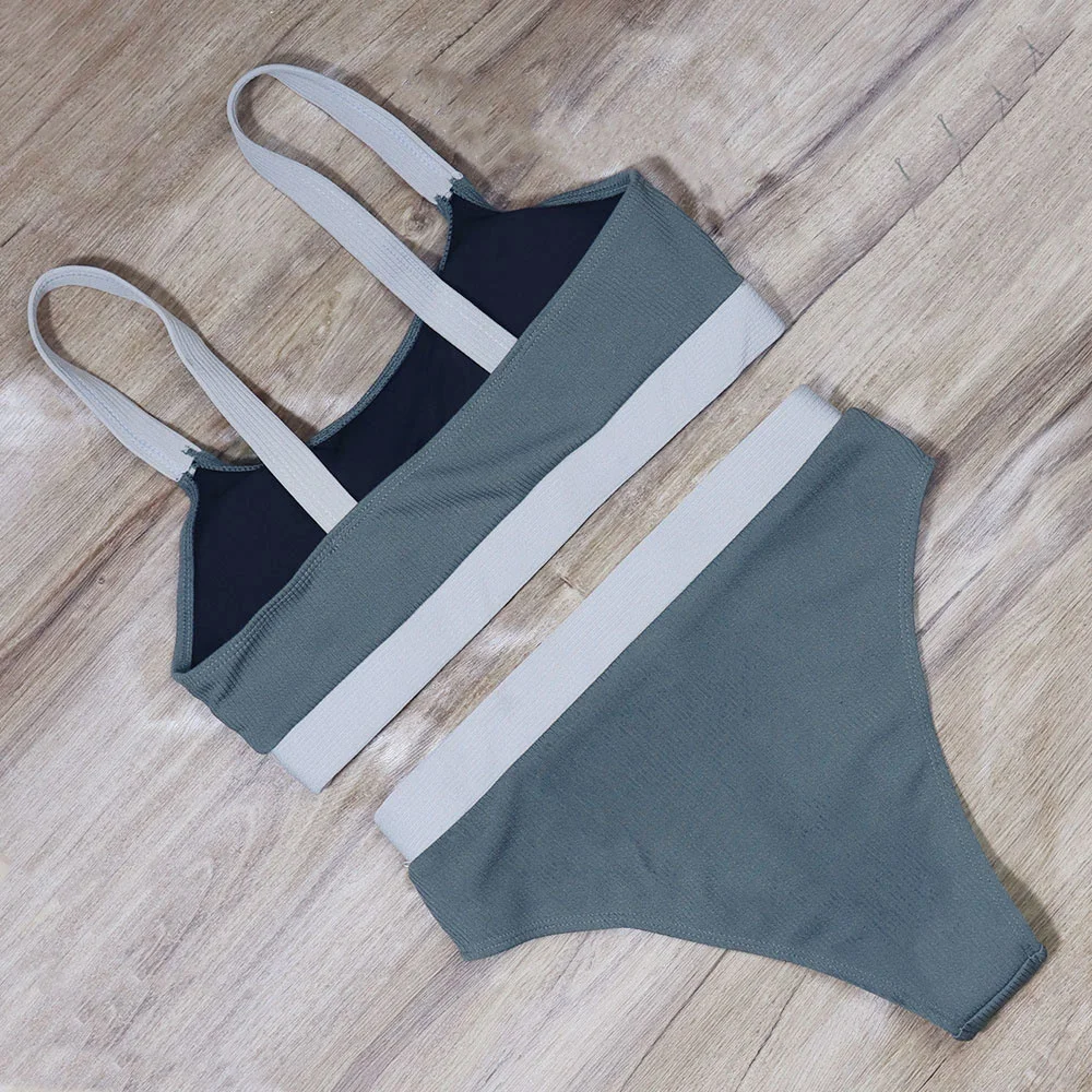 

Summer Bikini Set High Waist Bikinis 2021 Swimsuits Bandeau Swimwear Women Splicing Biquini Beachwear Sports Ribbed Bathing Suit