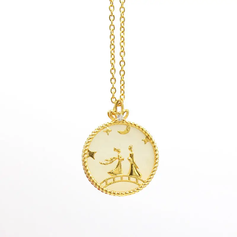 

[Happy Chinese Valentine's Day] Valentine's Day Limited Gift Gilding Inlaid Hetian White Jade Pendant Female Cowherd and Weaving