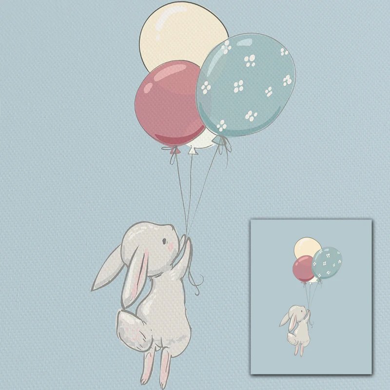 Картина на холсте с милым Кроликом Летающий кролик воздушным шаром постер