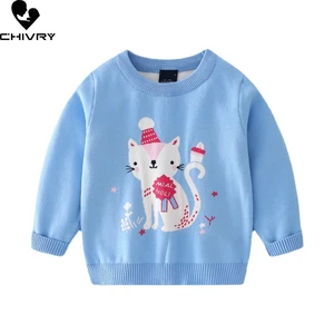 New 2021 Baby Girls Pullover Knitted Sweater Autumn Winter Kids Girls Cartoon Cat Jacquard O-neck Jumper Sweaters Tops Clothing