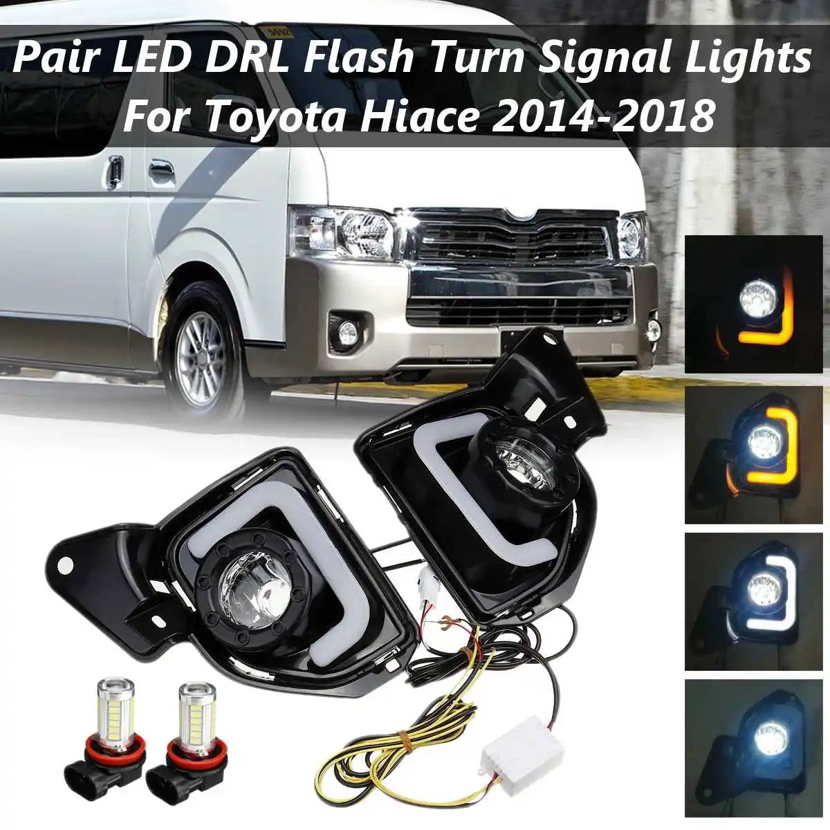

2pcs LED 12V ABS Car fog Lamp DRL Daytime Running Light For Toyota Hiace 2014 2015 2016 2017 2018 with Turn Signal Accessories