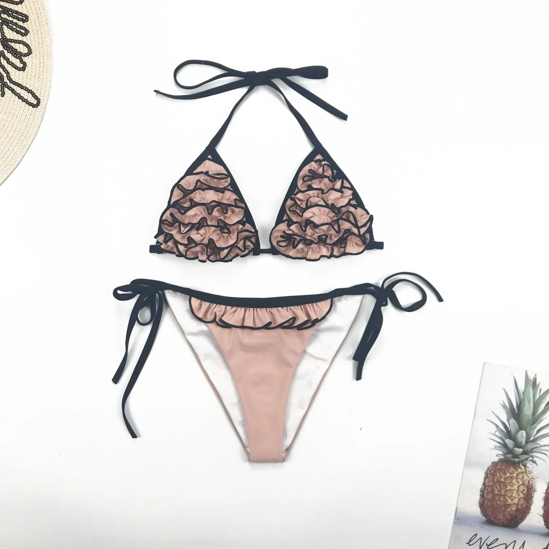 Купальники женские лето 2020 черный и бежевый комплект бикини с оборками купальник