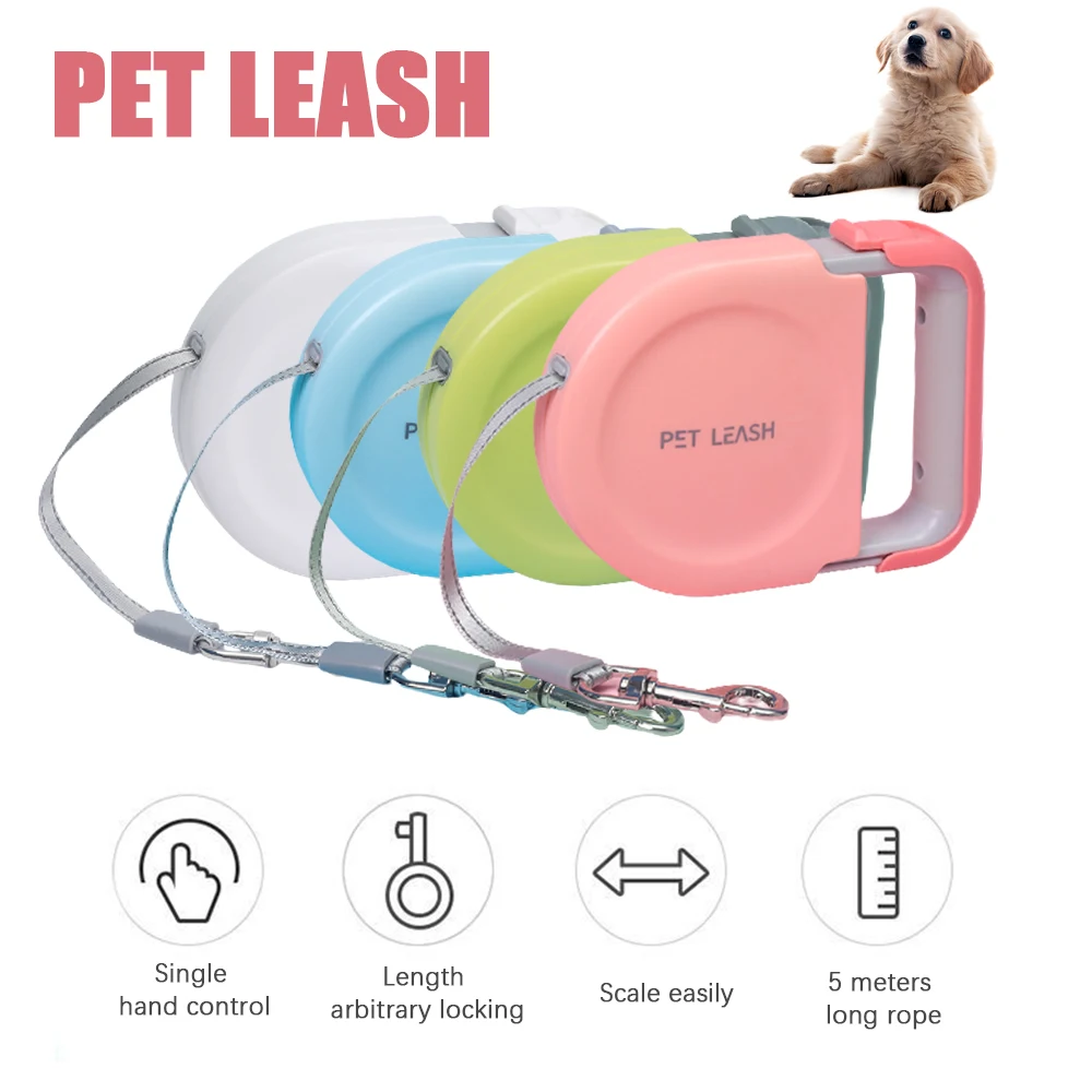 

5M Automatic Telescopic Dog Tractor Retractable Leash Candy Colors Flat Rope P Chain Shrink Handle Pet Leash Portable Dog Chain