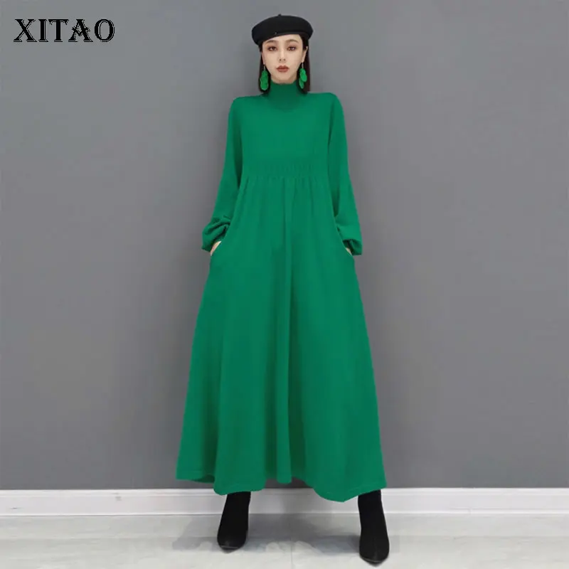 Трикотажное платье XITAO, однотонное, с воротником-хомутом и карманами, осень 2021
