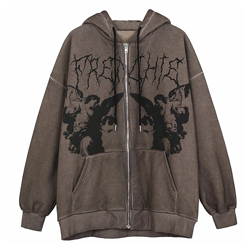 

Women Y2k Hoodies Oversize Zip Up Streetwear 2021 New Women Sweatshirts Angel Dark Print Goth Harajuku Clothes Punk Outwear