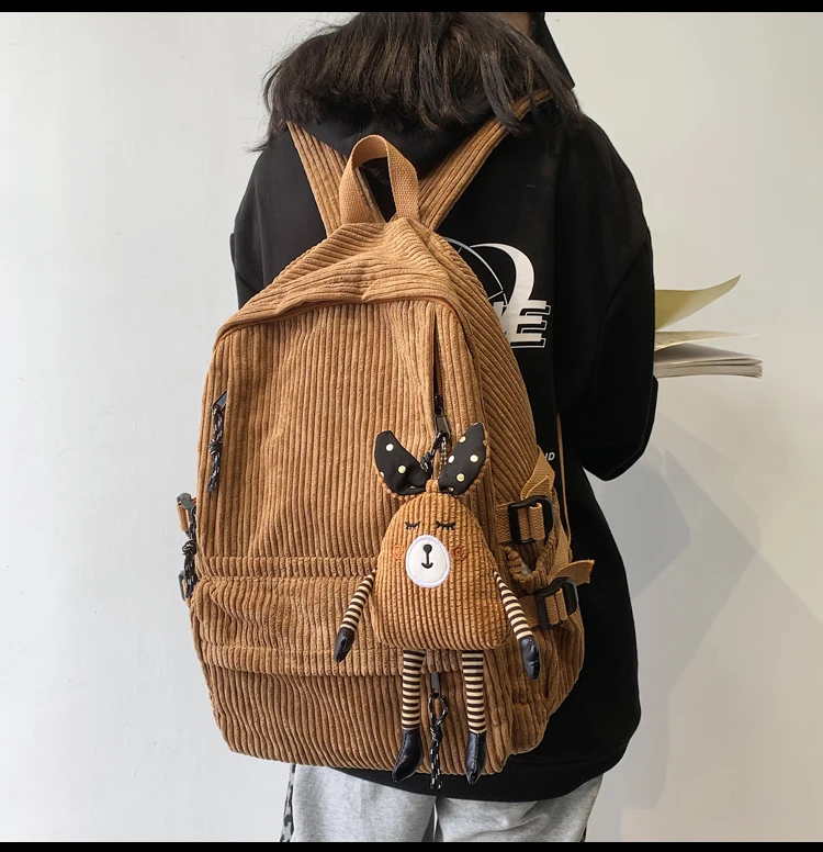 

5342 Corduroy backpack tooling ins wind school bag Japanese solid color design sense of high school bag