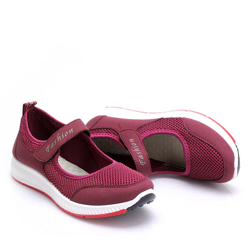 

Lady Shoes Women Summer Flats Non Slip Zapatillas Mujer Velcro Design Breathable Mesh Woman Vulcanize Shoes Mom Running Trainers