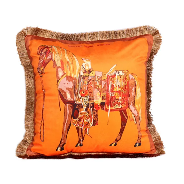 

LISM Cushion cover French Horse Orange Velvet Chenille European Design Tassels Pillowcases Home Sofa Villa Palace Decor