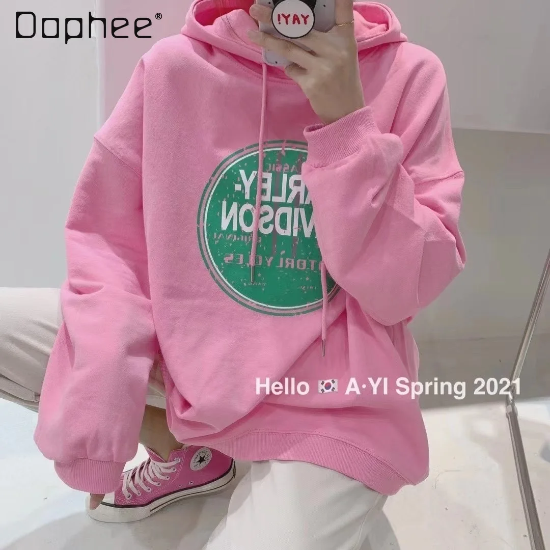 

2021 Spring New Korean Style Student Casual round Letter Large Size Long Sleeve Hoodie Women's Mid-Length Sweatshirt Women