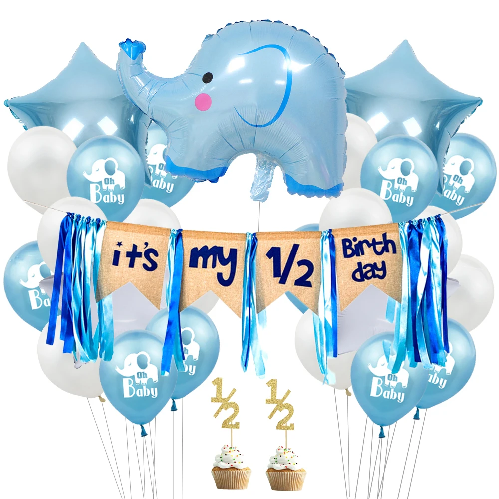 Amawill 6 Months Birthday Decorations for Boy Its My Half Birthday Burlap Banner 1/2 Elephant Balloons Half Year Cake Topper