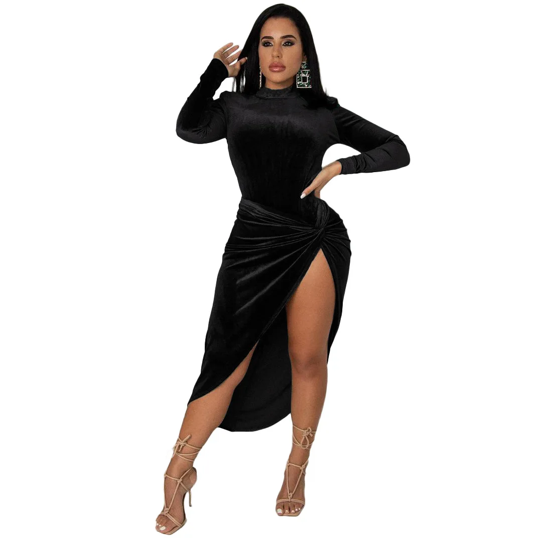 

Ladies Solid Color Fashion Sexy Velvet High Neck Long Sleeve Knotted Skirt Two-piece Suit Suitable for Nightclub Club Clothes