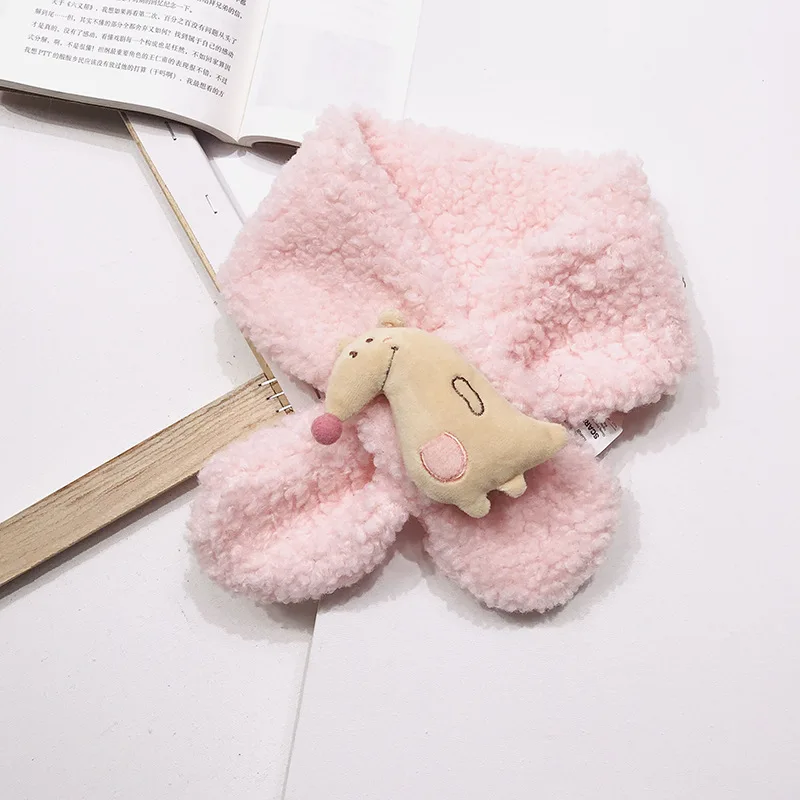 Light pink Зимний Детский Теплый шарф с меховым воротником, шарфы с героями мультфильмов для маленьких мальчиков и девочек, теплый шейный платок с крестовым кольцом, милый шарф - Цвет: Light pink