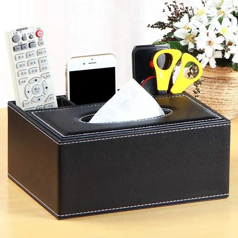 

Leather Tissue Box Remote Control Holder Multifunctional Desktop Organizer Pencil Scissor Container (Black)
