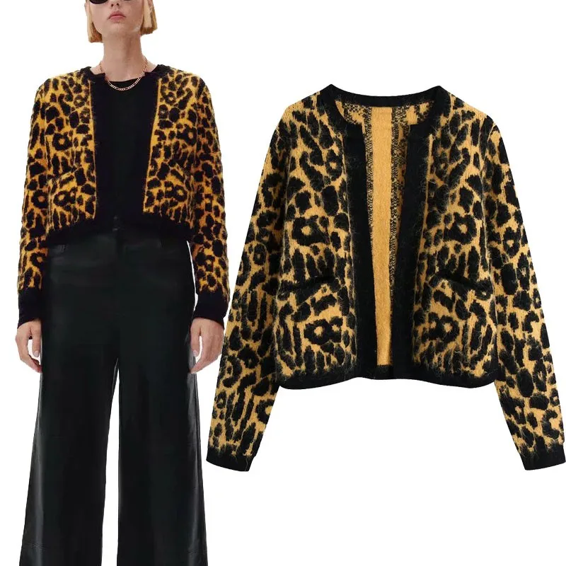 

Женский винтажный кардиган ZA, трикотажный кардиган с животным принтом, Женский Укороченный кардиган с открытыми плечами, шикарное женское ...