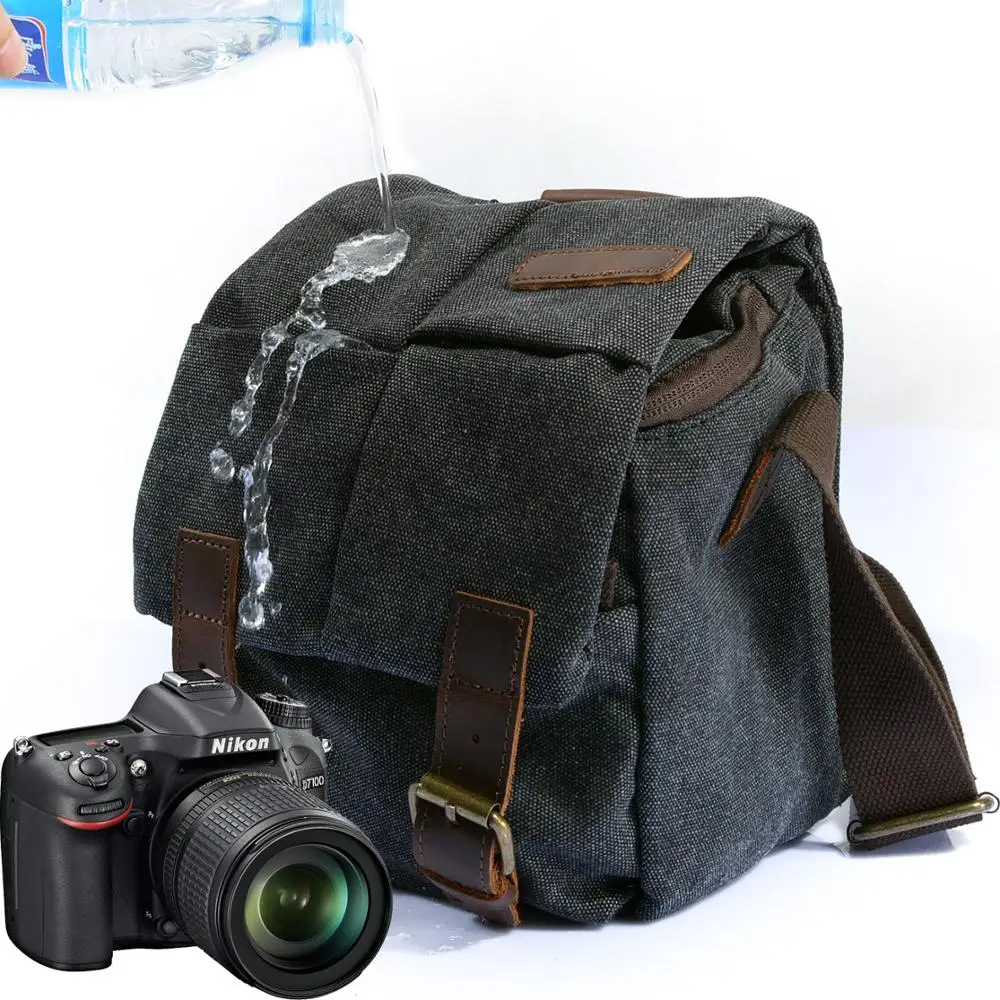 

Waterproof Camera Bag Canvas Leather Trim DSLR SLR Camera Messenger Bag Vintage DSLR / SLR Photography Case Gray