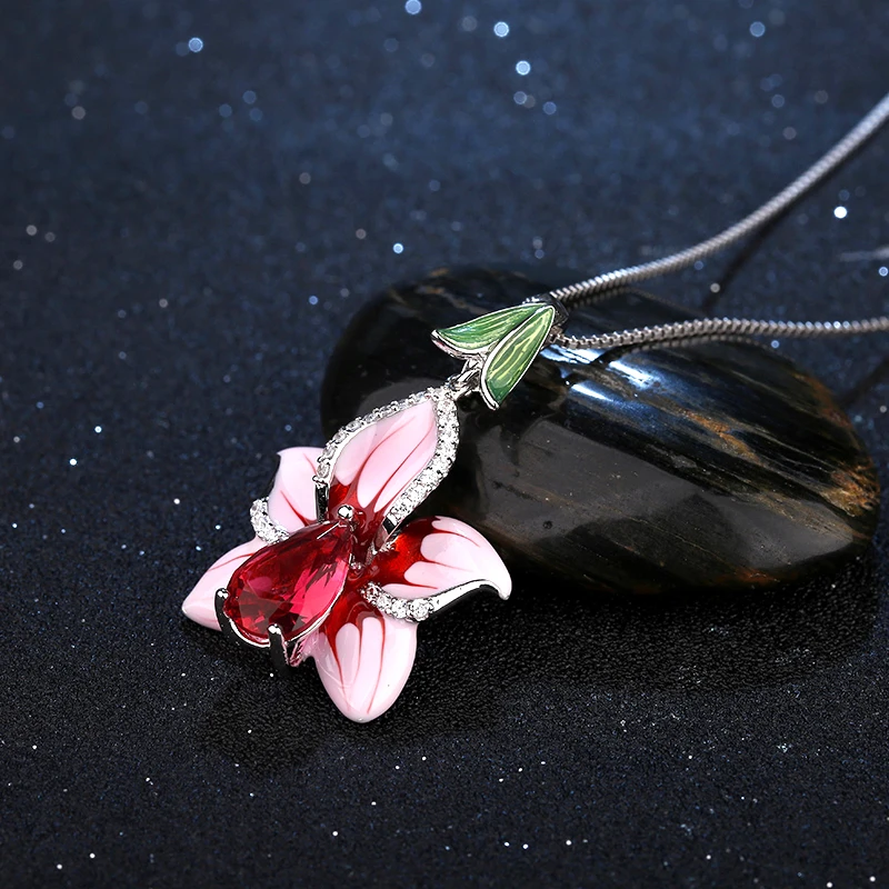 Luxurious Pink Blooming Lily Flowers Enamel Jewelry Sets For Women Elegant Red Crystal CZ 925 Sterling Silver Earrings Necklace | Украшения