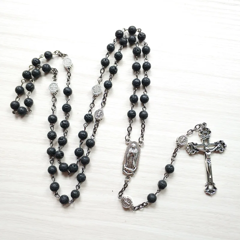 Фото Молитвенная цепочка из черного католического камня ожерелье искусственных