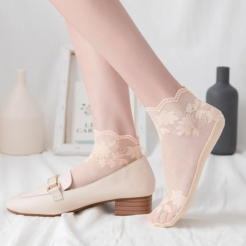 

2021 Fashion New Ladies Sexy Lace Stockings Pure Cotton Bottom Summer Thin Shallow Mouth Ice Silk Invisible Lace Socks