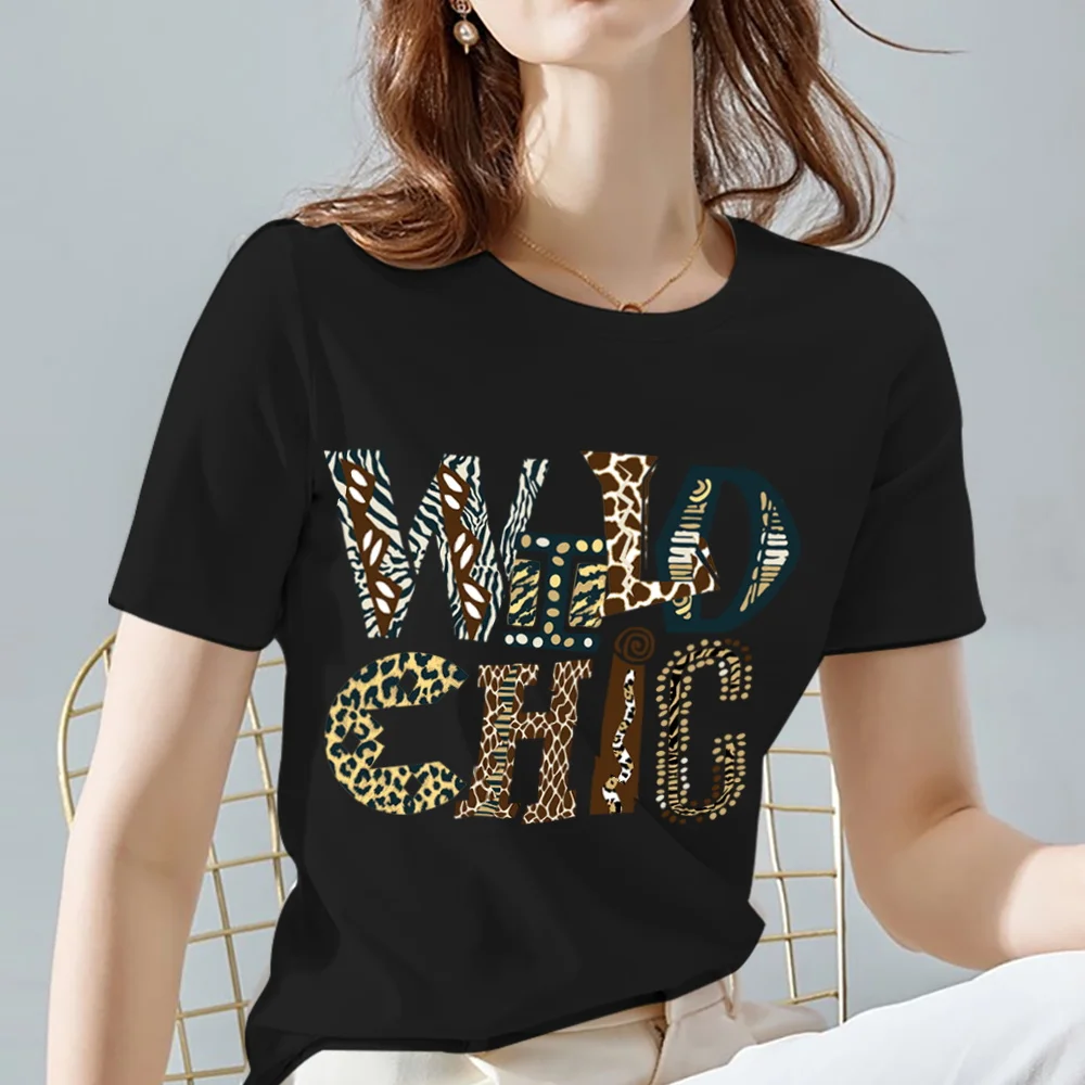 

Summer Women Classic Tshirts Black O-neck All-match Soft Ladies Short Sleeve Harajuku Wild Series Leopard Tops Tee Women Clothes