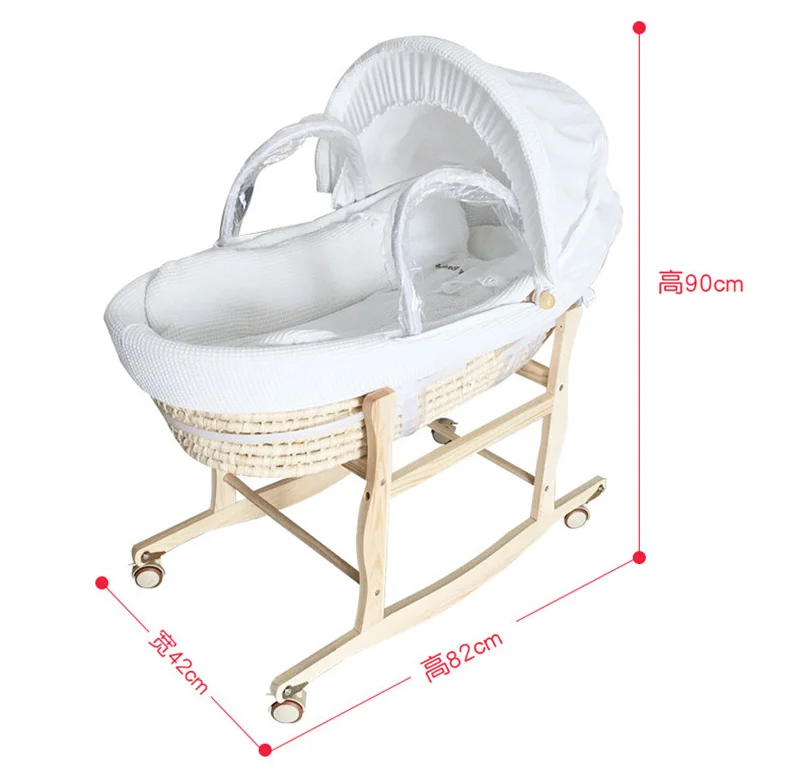 Beige Full set Колыбель для новорожденных из натуральной кукурузы, тканая детская люлька из вафельной ткани, переносная детская корзина из дерева, детская кроватка с колесами - Цвет: Beige Full set
