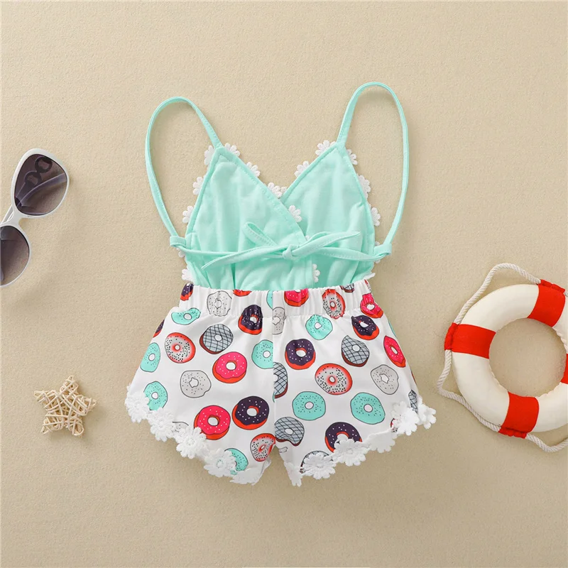 

Baby Summer casual Rompers,Doughnut Print Flower Trim Spaghetti Straps Sleeveless V-Neck Jumpsuits for Toddler Girls, 0-3 Years