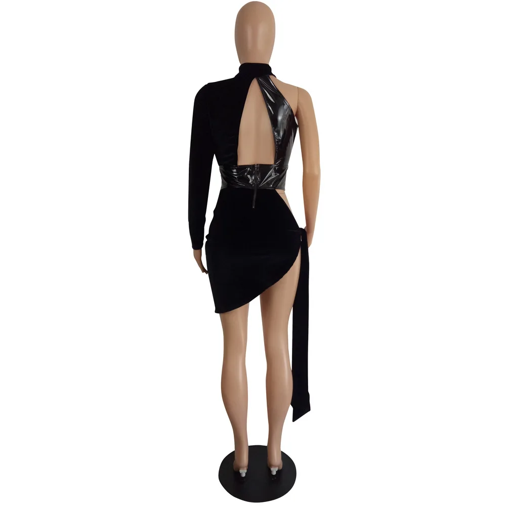 

Zoctuo Dress For Women Sexy Patchwork Mini Dress One Long Sleeve Hollow Out Side Lace Up Night Club Irregular Dress 2021 New