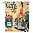 Route 66, кухонные шторы, кафе, обеденная вывеска, винтажная леди, сидя на автомобиле, шоссе, Ностальгический стиль гранж, оконные занавески для кухни