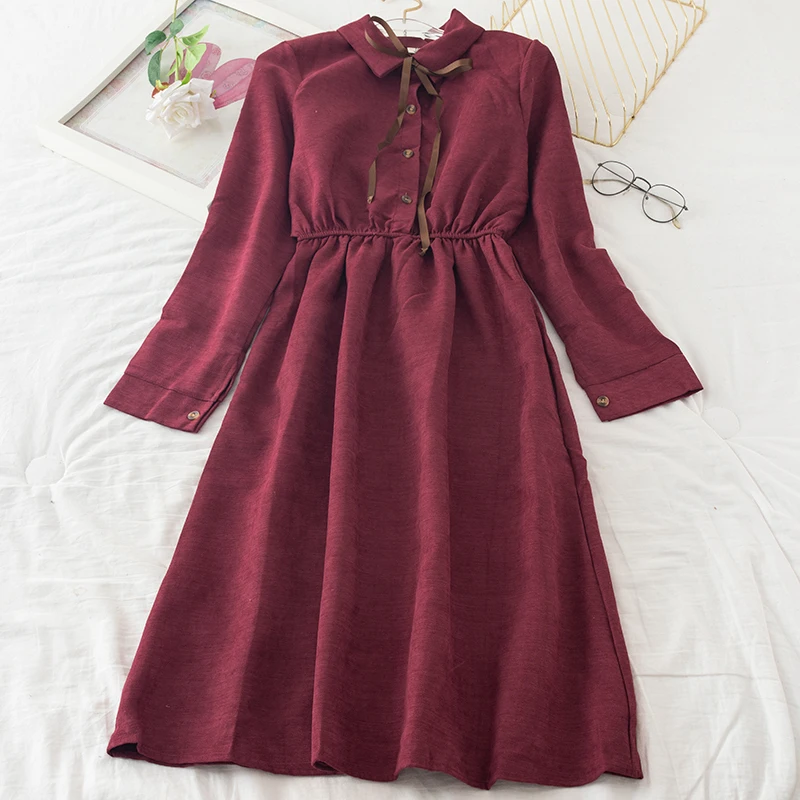 Платье женское винтажное до середины икры с высокой талией и длинным