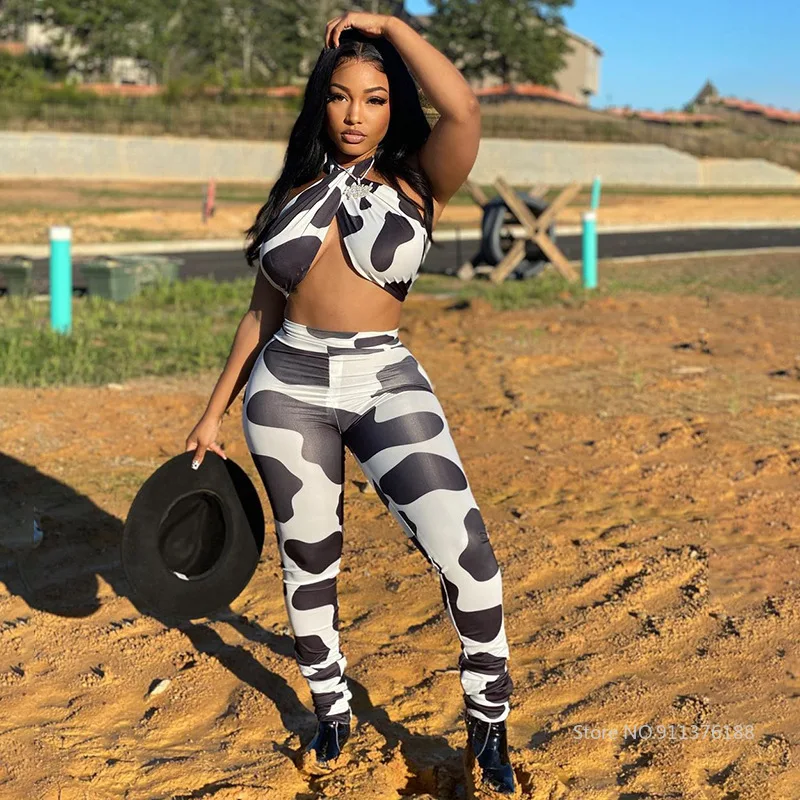 

Ajoc Print Skinny Women Two Piece Sets Halter Tank Tops+Long Pants Casual Loune Wear Female Suits Sleevele Sexy Streetwear