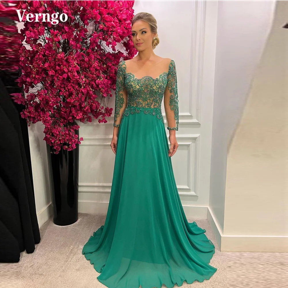 

Verngo Vintage Mother Mint Green Chiffon Prom Dresses Long Sleeves Lace Applique Beads Sheer Neck Women Formal Evening Gowns