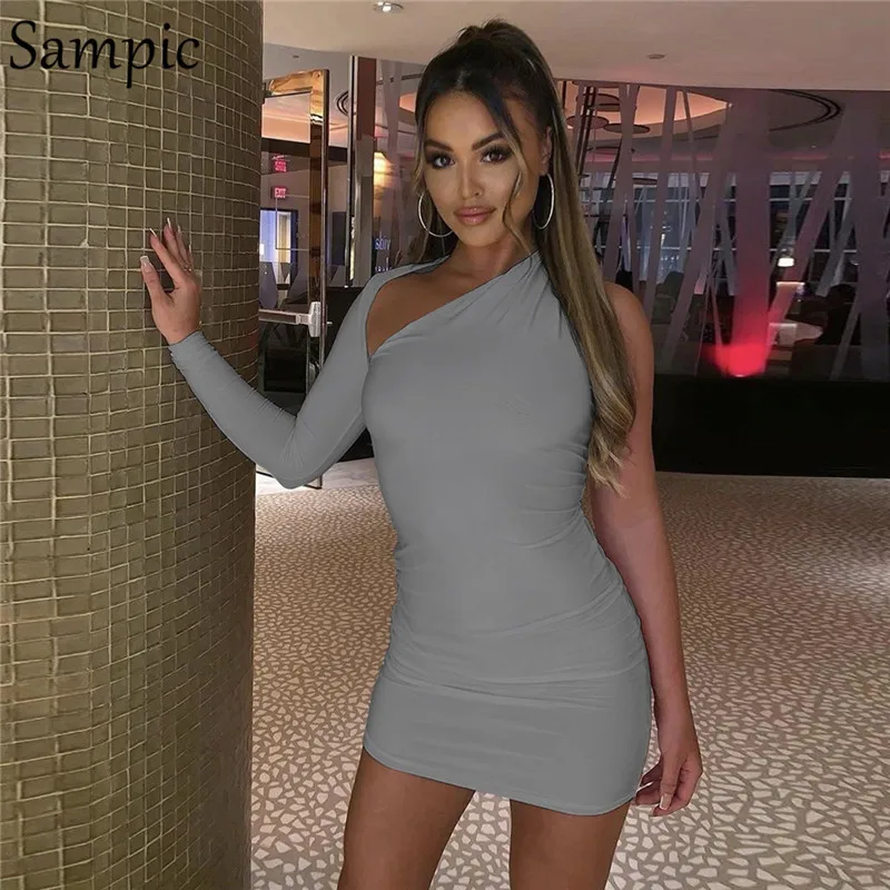 Sampic одно плечо с длинным рукавом Bodycon платье выдалбливают сексуальные вечерние