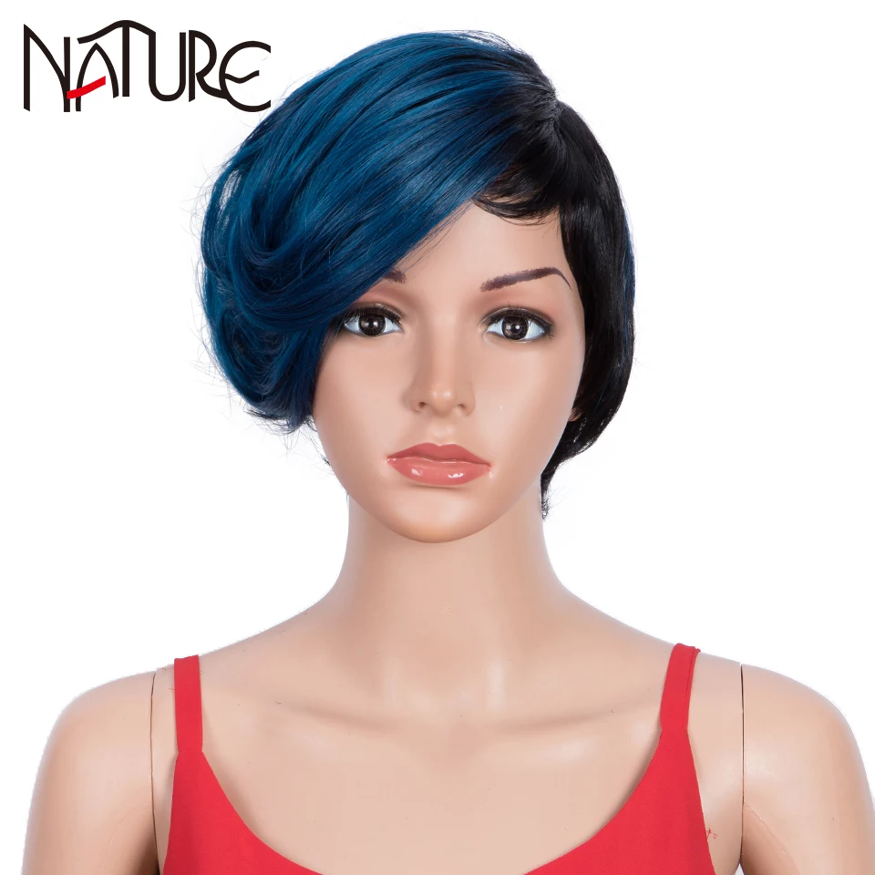 Nature Bob With Bangs Wig Cosplay Short Wavy Hair Synthetic Wigs For Black Women 10 Inch Ombre Blue Wig High Temperature Fiber aigemei short straight synthetic wigs for women 1b blonde bob wig high temperature fiber black ombre cosplay wig