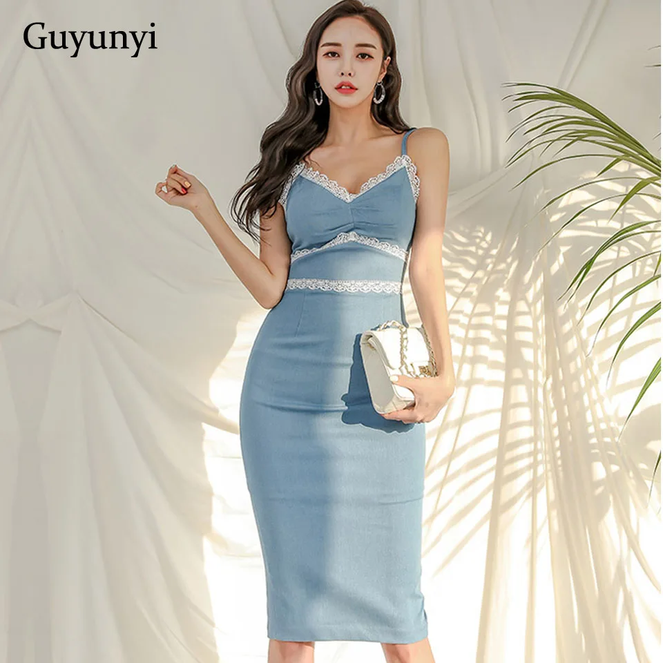 

Blue High Street Dress 2022 Summer Simple High Waist Slim Spaghetti Strap V-Neck Sleeveless Decorative Lace Party Women Dress