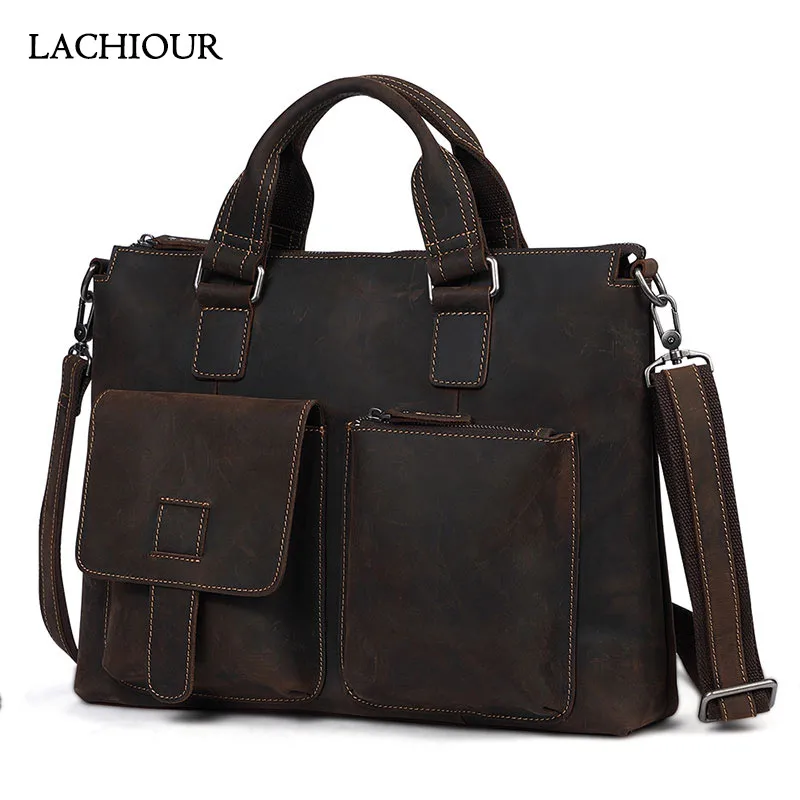 Men 14 inch Laptop Bag Brifcase Vintage Genuine Leather Office Handbags Male Cohiwde Business Travel Messenger Bag Large