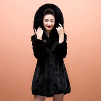 high end black mink fur fox hooded collar coat womens mid length winter jacket real fur covered button thick warm fur outwear