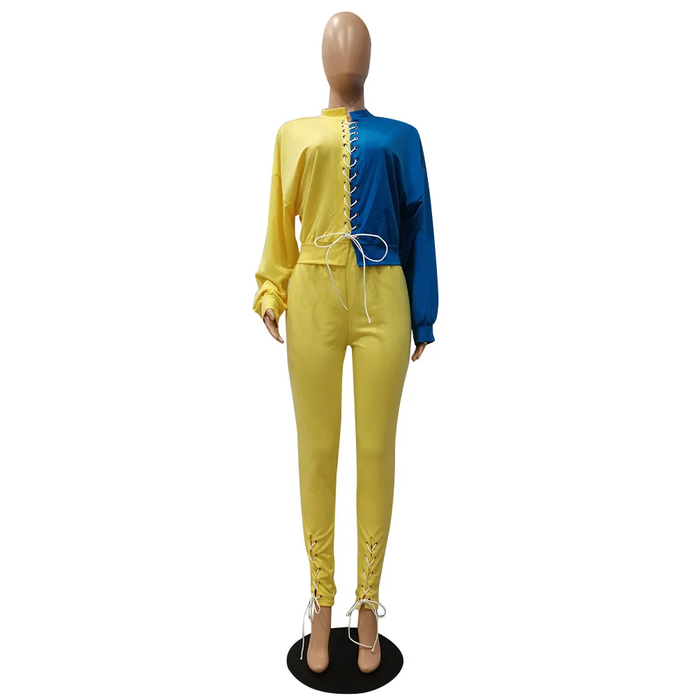 

Contrast Color Patchwork Two Piece Set Women Lace Up Stacked Sleeve Sweatshirt Hoodie and Bandage Jogger Pant Activewear Outfits