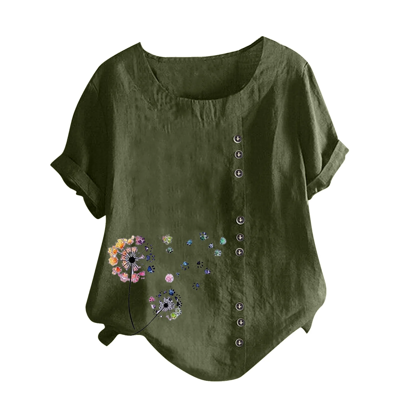 

Women Shirt Casual Dandelion Print Blouse Cotton And Linen Short Sleeve Tshirt Button Shirt Tops Blouse Womens Tops and Blouses