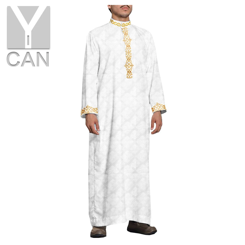Y-CAN Muslim Fashion Men s Jubba Thobe Texture Robe Long Sleeve Saudi Arab Lace Thobe Jubba Kaftan Islamic Clothing Y201018