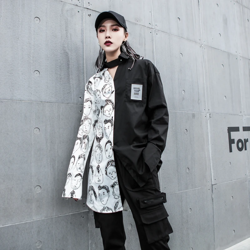 LANMREM 2020 Весенняя новая индивидуальная цветная Лоскутная рубашка с принтом для